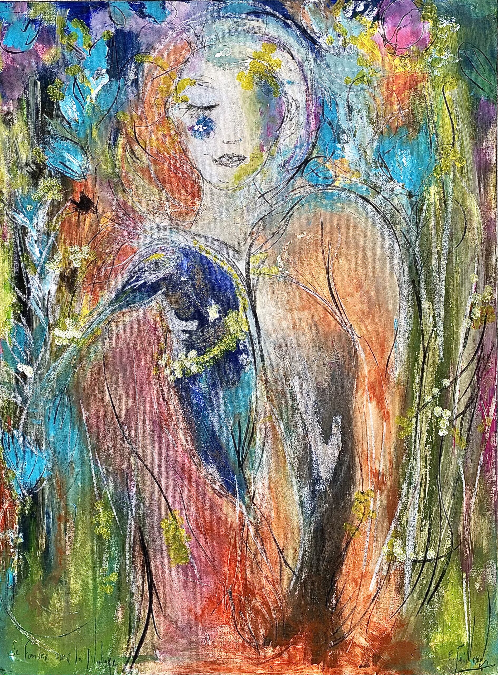 e fondre avec la nature - 97 cm x 130 cm - techniques mixtes sur toile - 2024 - disponible
