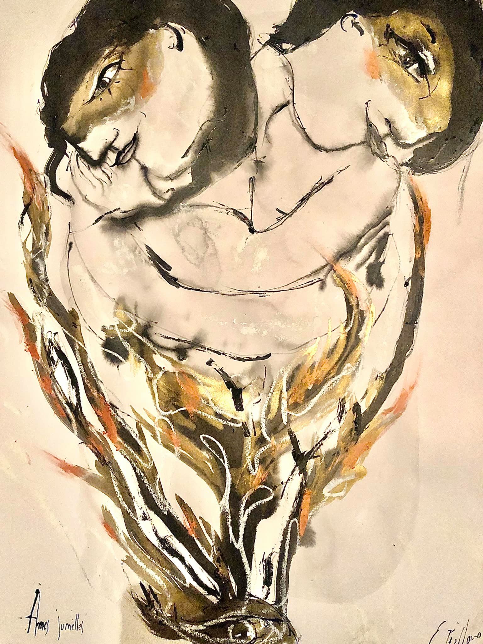 AÌ_mes_jumelles_-_techniques_mixtes_sur_papier_-_50_cm_x_65_cm_-_2020_-_disponible