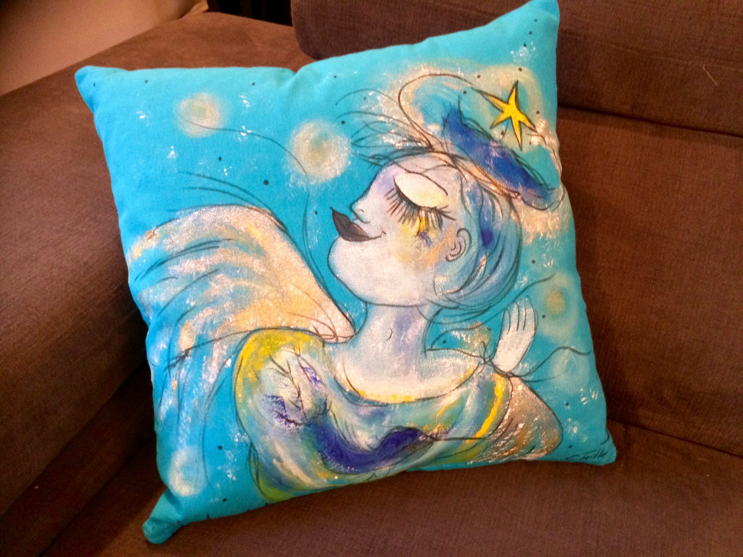 Coussin peint à la main - 40 cm x 40 cm - disponible - 2017