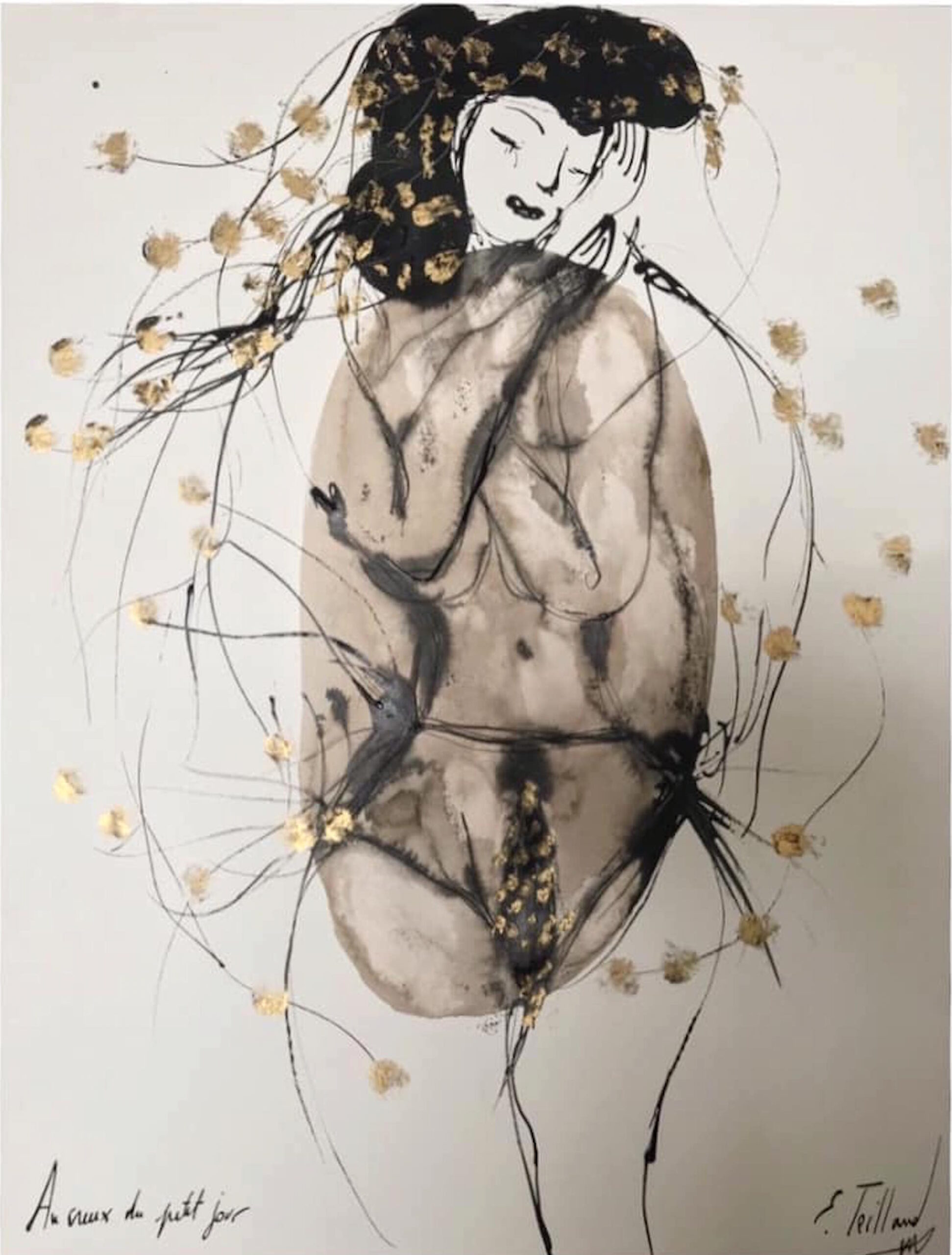 Au creux du petit jour - 50 cm x 60 cm - brou de noix, encre de Chine, encre or - 2020 - disponible
