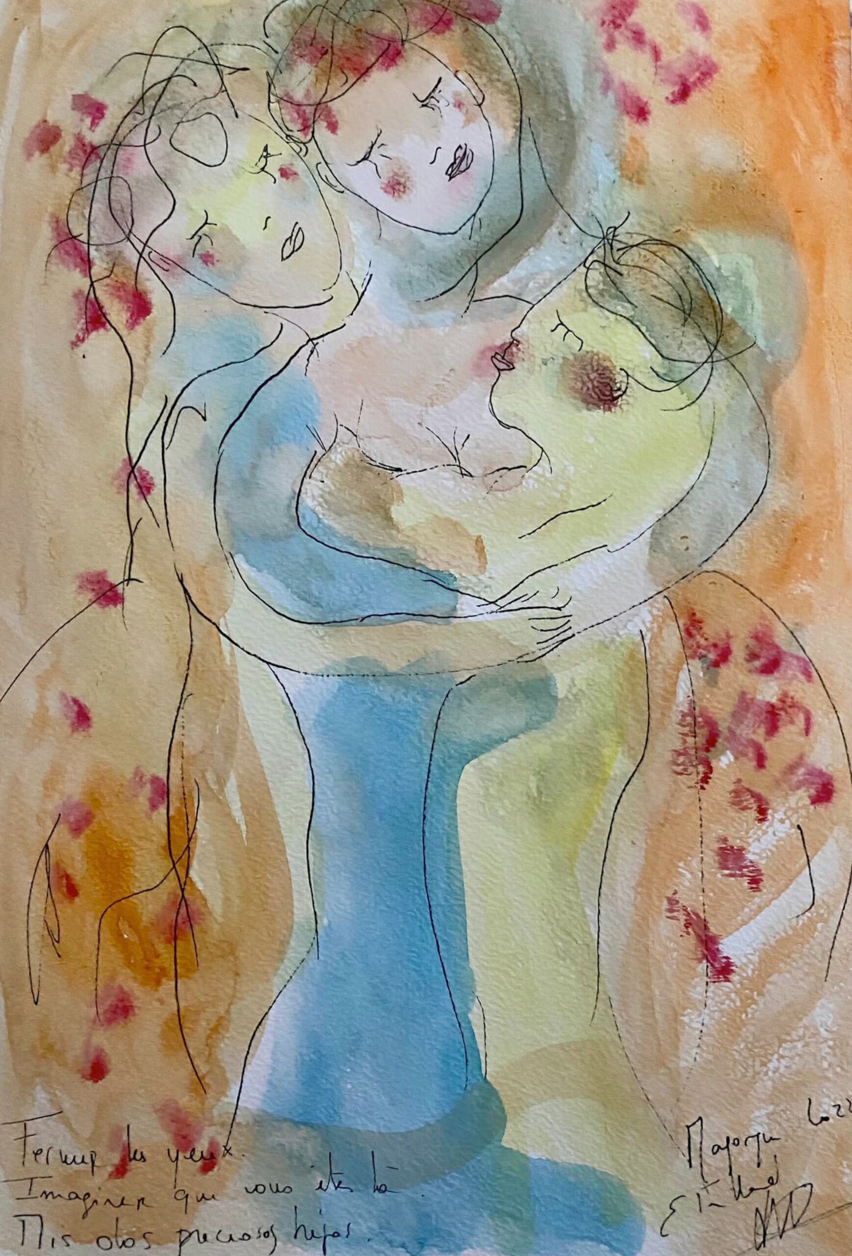 Mis dos preciosos hijos. 21 cm x 29,7 cm - nouveau dessin de voyage - techniques mixtes du papier