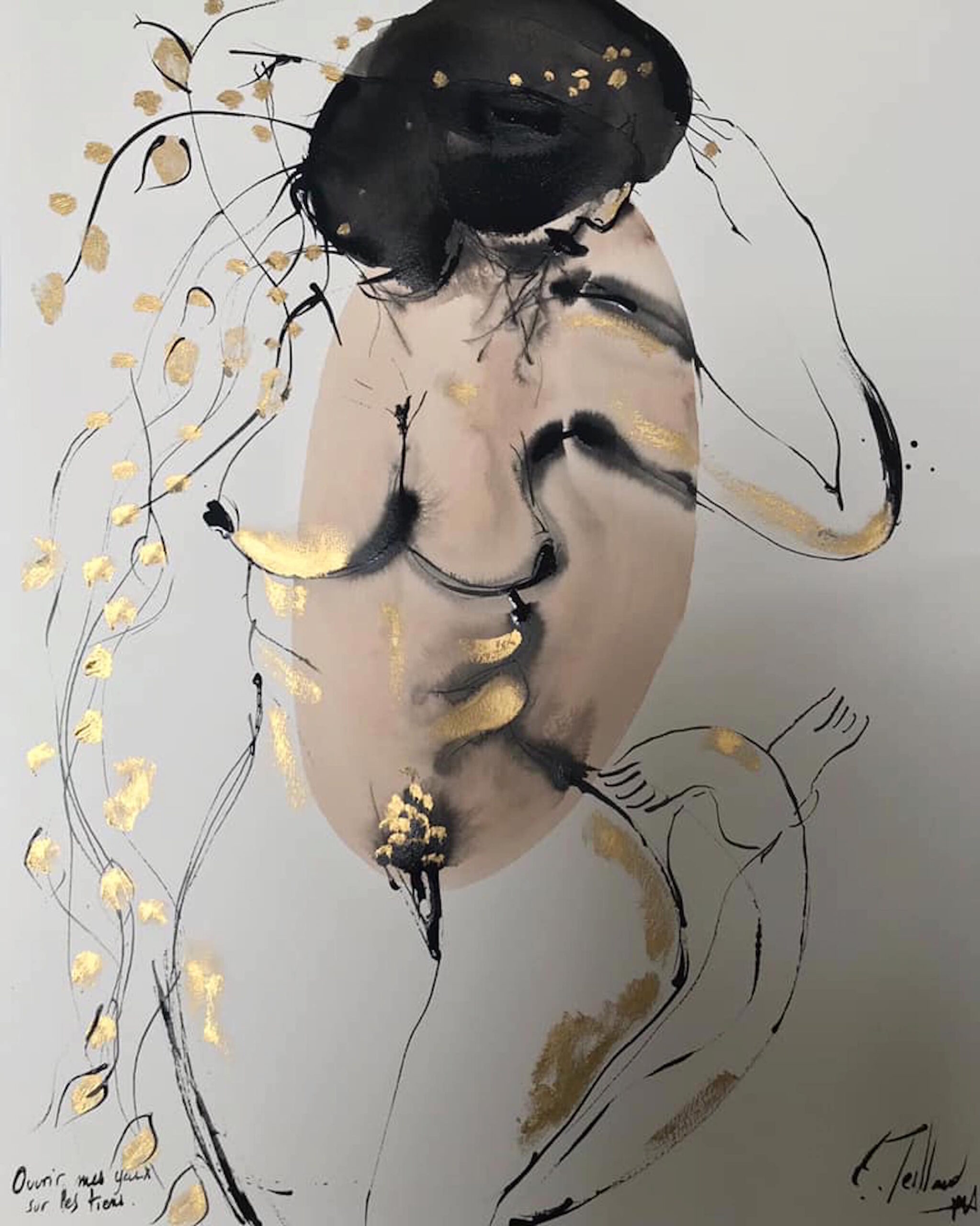 Ouvrir mes yeux sur les tiens - 50 cm x 60 cm - brou de noix, encre de Chine, encre or - 2020 - disponible