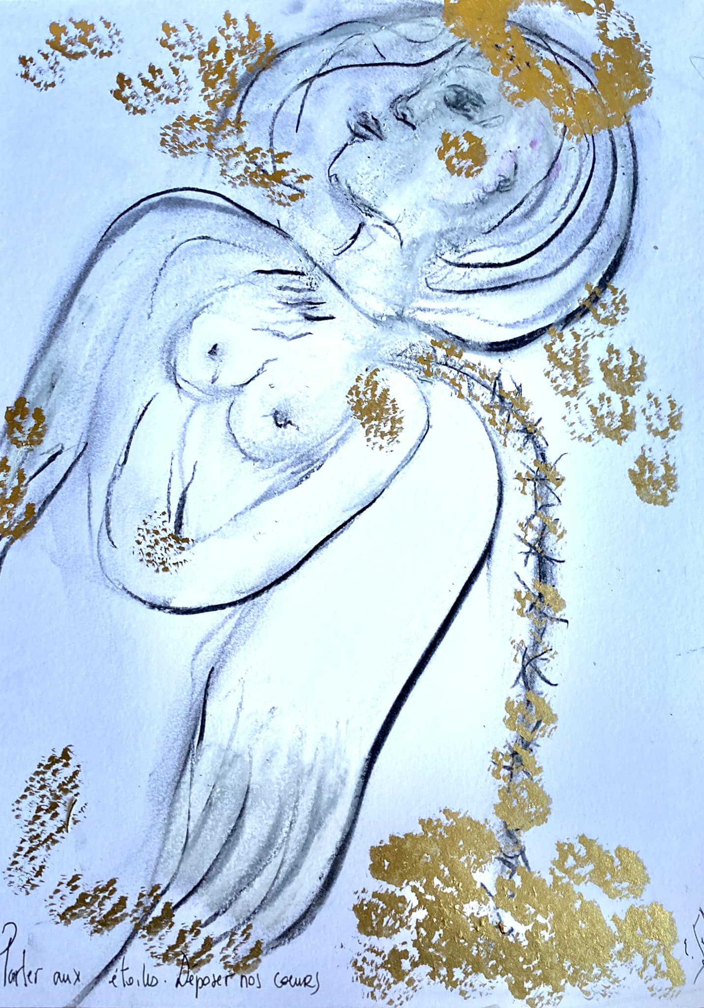 Parler aux étoiles. Déposer nos cœurs. 21 cmx29,7cm - techniques mixtes sur papier - 2023 - disponible