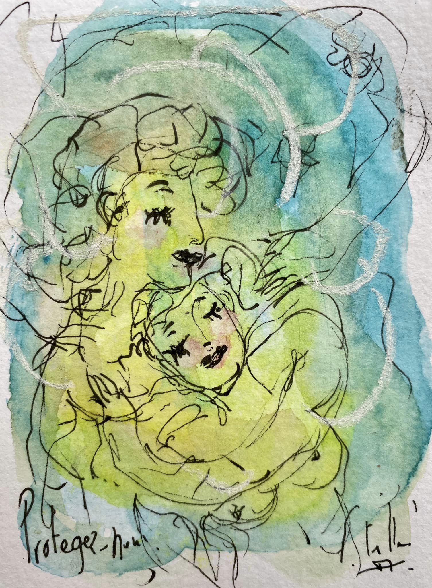 Protégez-nous - 7,5 cm x 10 cm - techniques mixtes sur papier - 2022 - disponible