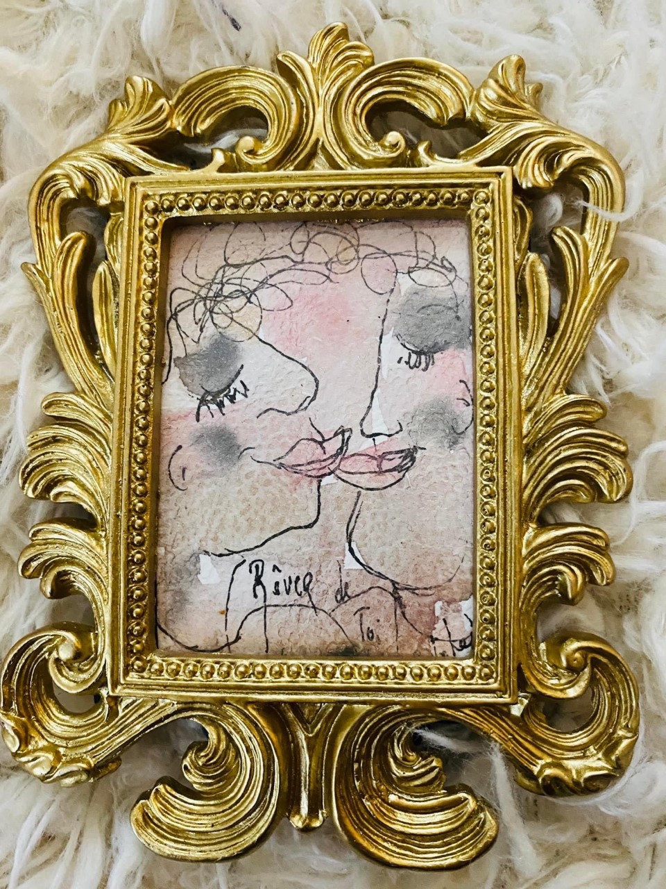 Rever de toi - 10 cm x 1o cm encadré- Techniques mixtes sur papier 2022