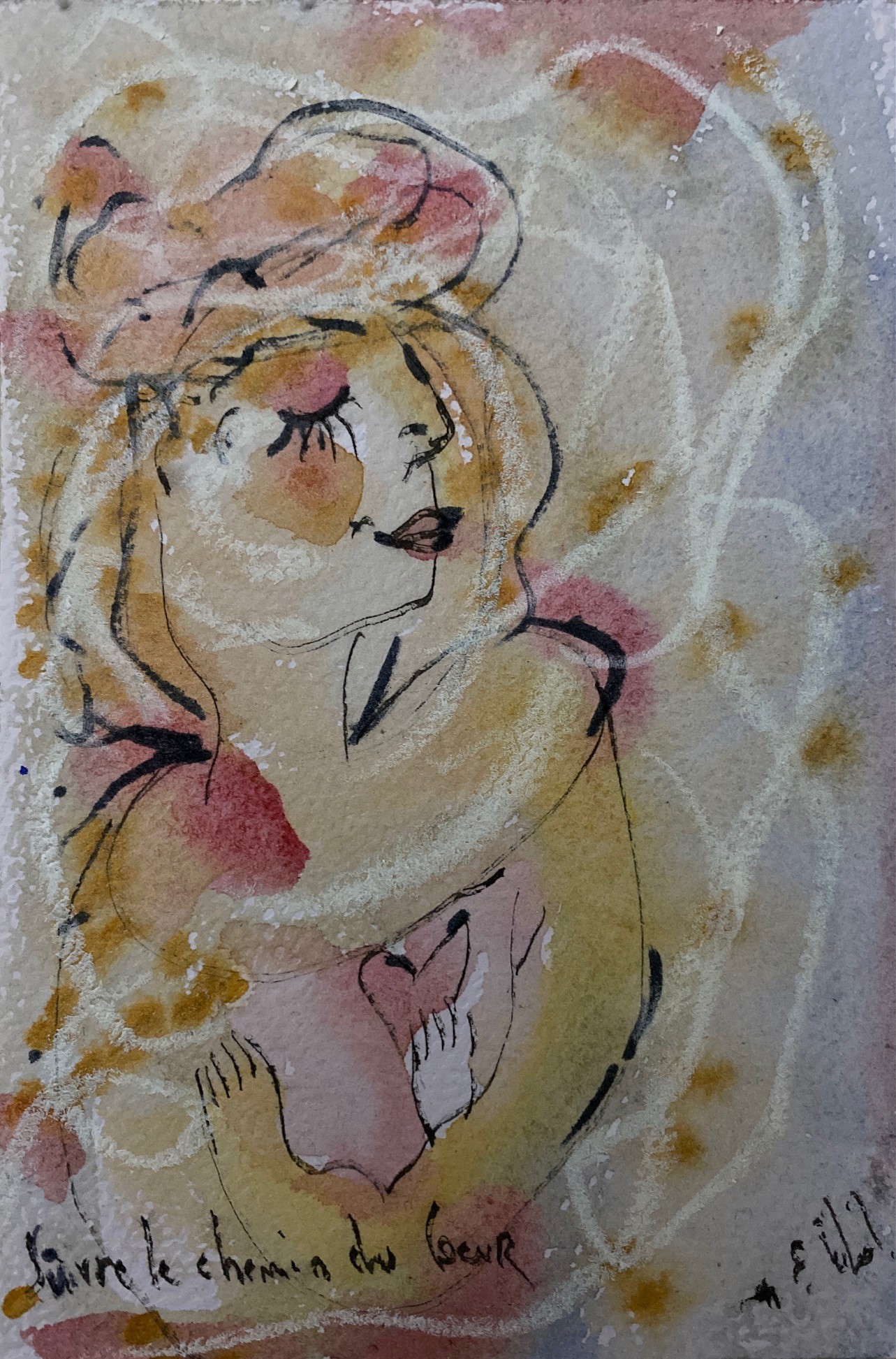 Suivre le chemin du coeur - techniques mixtes sur papier sur papier - 7,5 cm x 10 cm - 2023