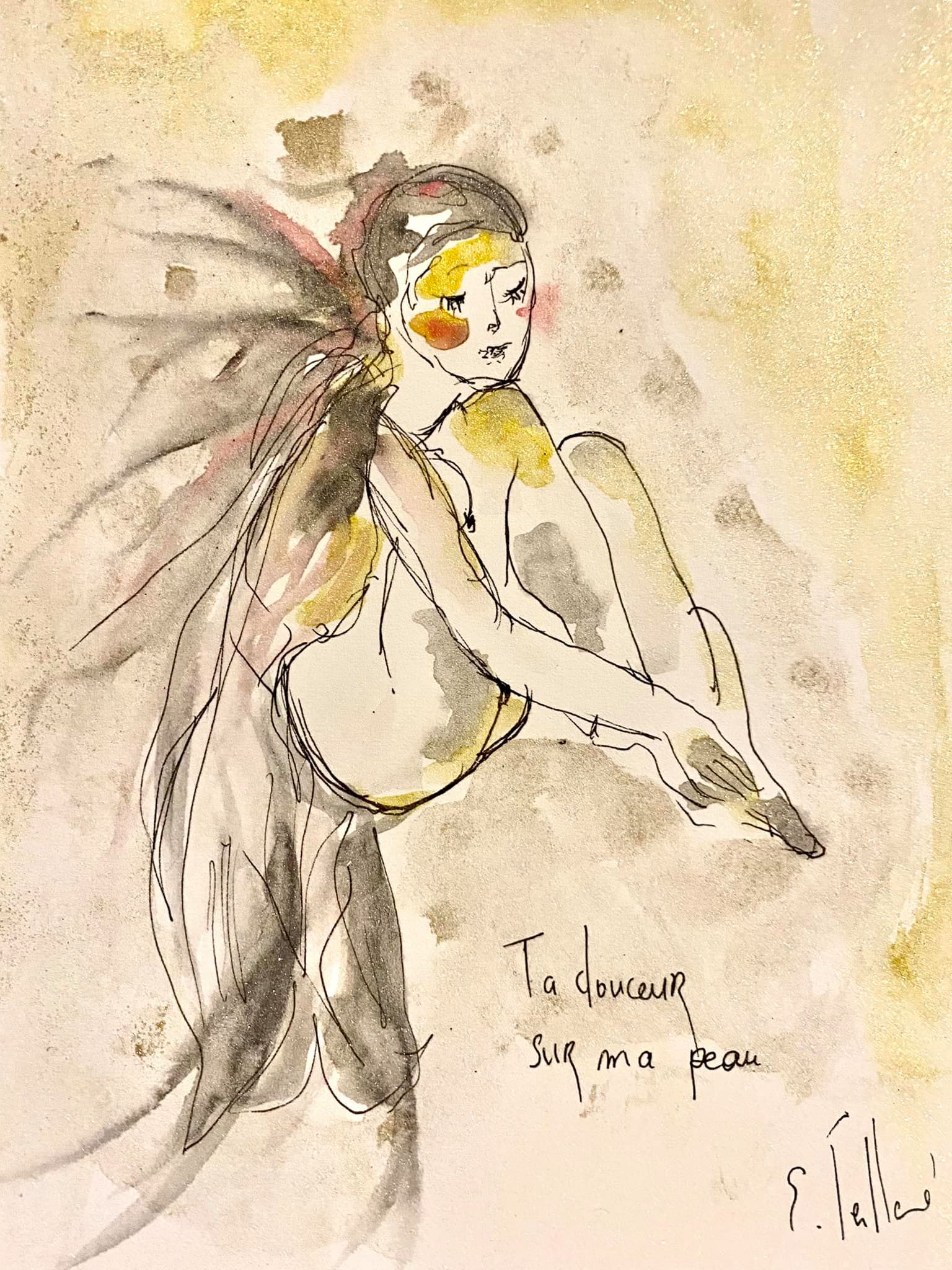 Ta douceur sur ma peau 13 cm x 18 cm aquarelle et encre de chine 2021
