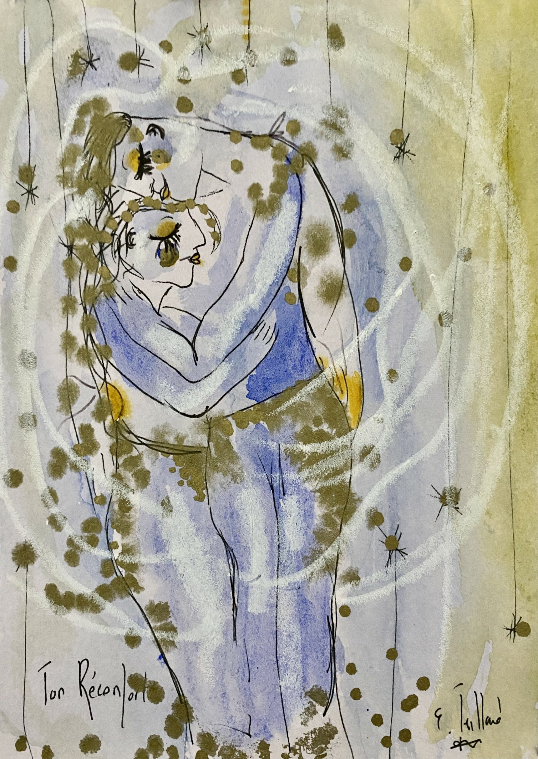Ton réconfort - techniques mixtes sur papier - encadré - 7,5 cm x 10 cm